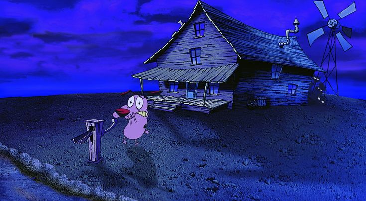 Courage the Cowardly dog frightfully pumping water from his well.